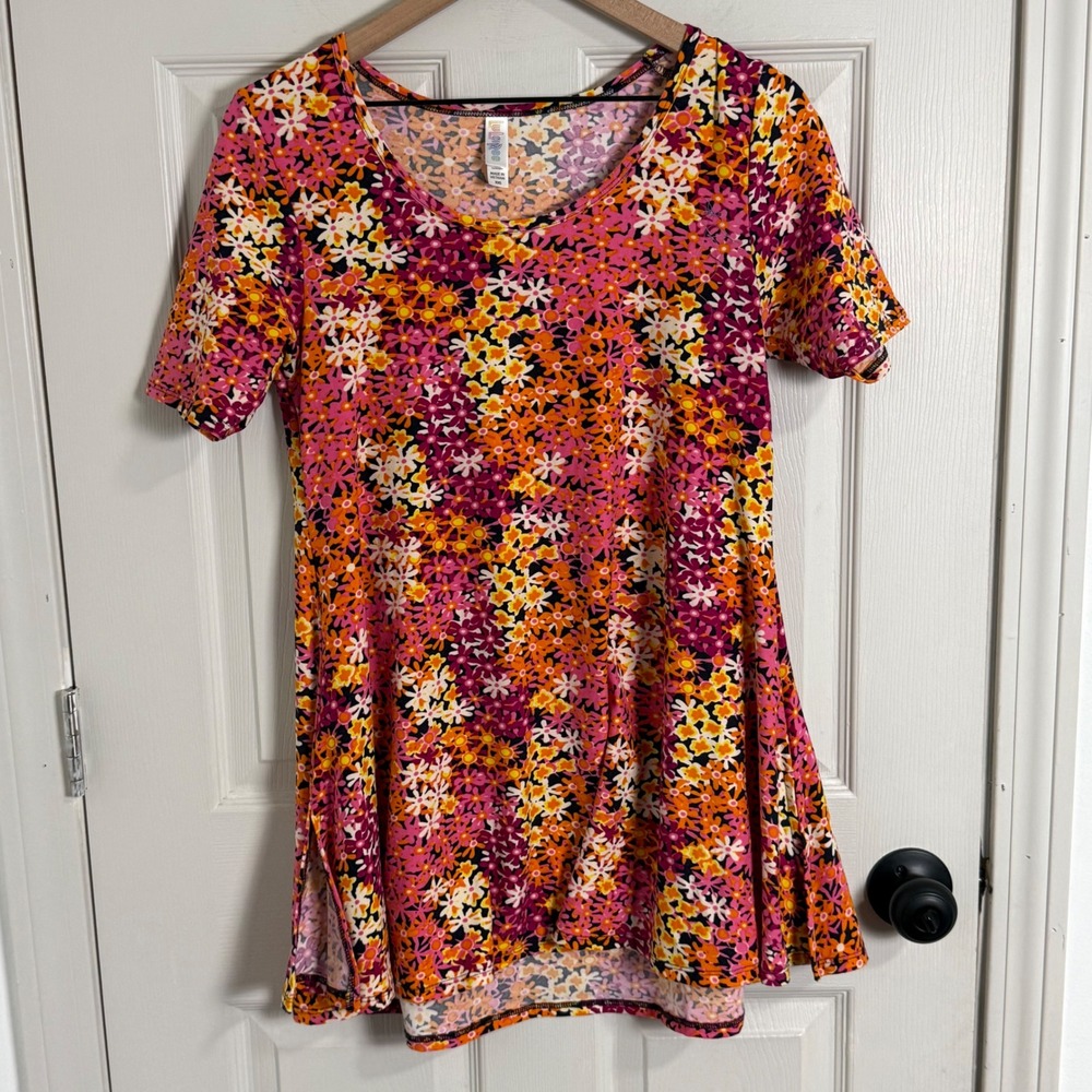 LuLaRoe Tunic‎ Top Womens XXS Floral High Low Scoop Neck Short Sleeve Multicolor